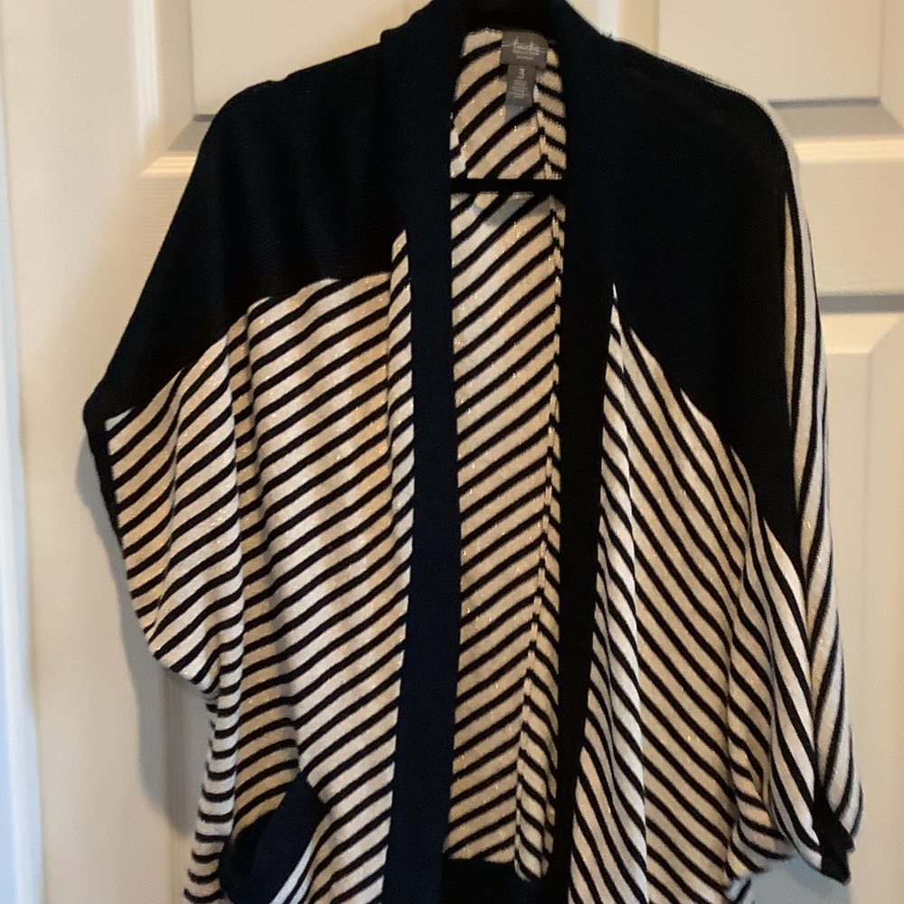 Chico's Black and Cream Striped‎ Open-Front Poncho